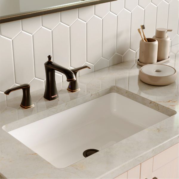 Woodburn Widespread Three-Hole 2-Handle Bathroom Faucet with Matching Pop-Up Drain In Oil-Rubbed Bronze