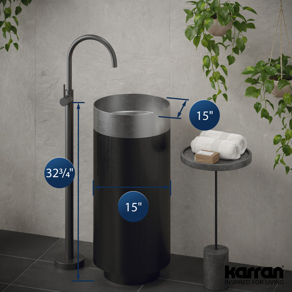 15" Pedestal Stainless Steel Bathroom Sink In Stainless Steel & Gunmetal Grey