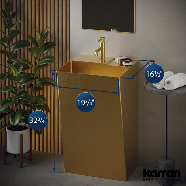 19-3/4" Pedestal Stainless Steel Bathroom Sink In Gold
