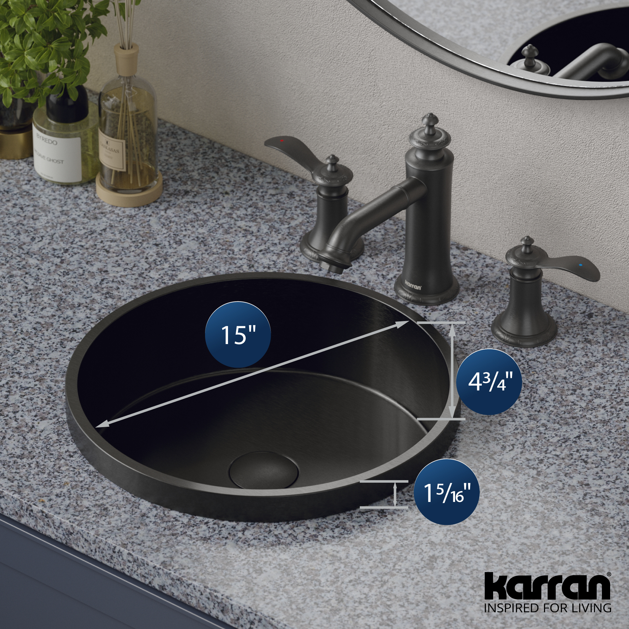 15" Top Mount Stainless Steel Bathroom Sink In Gunmetal Grey