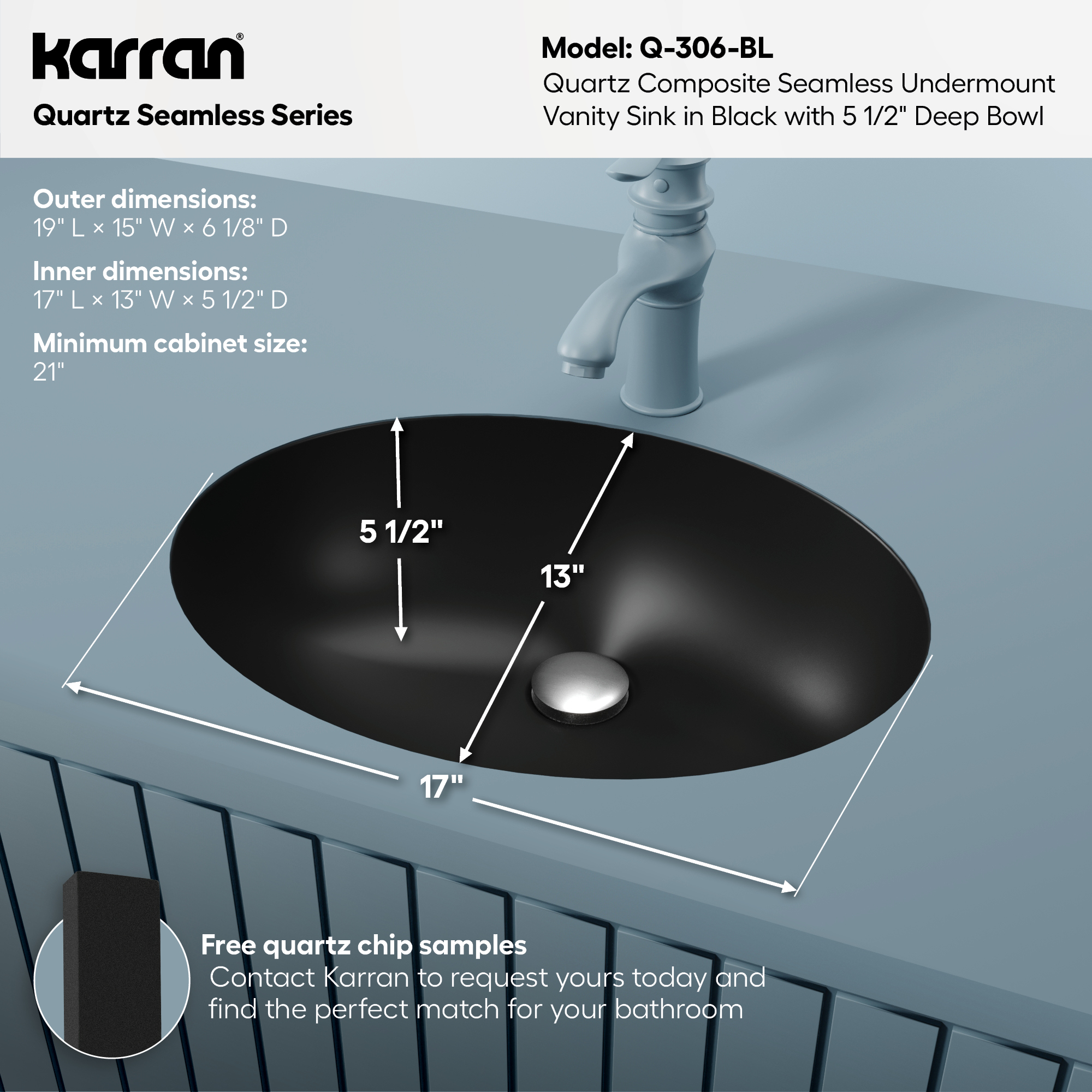19" Seamless Undermount Quartz Composite Bathroom Sink In Black