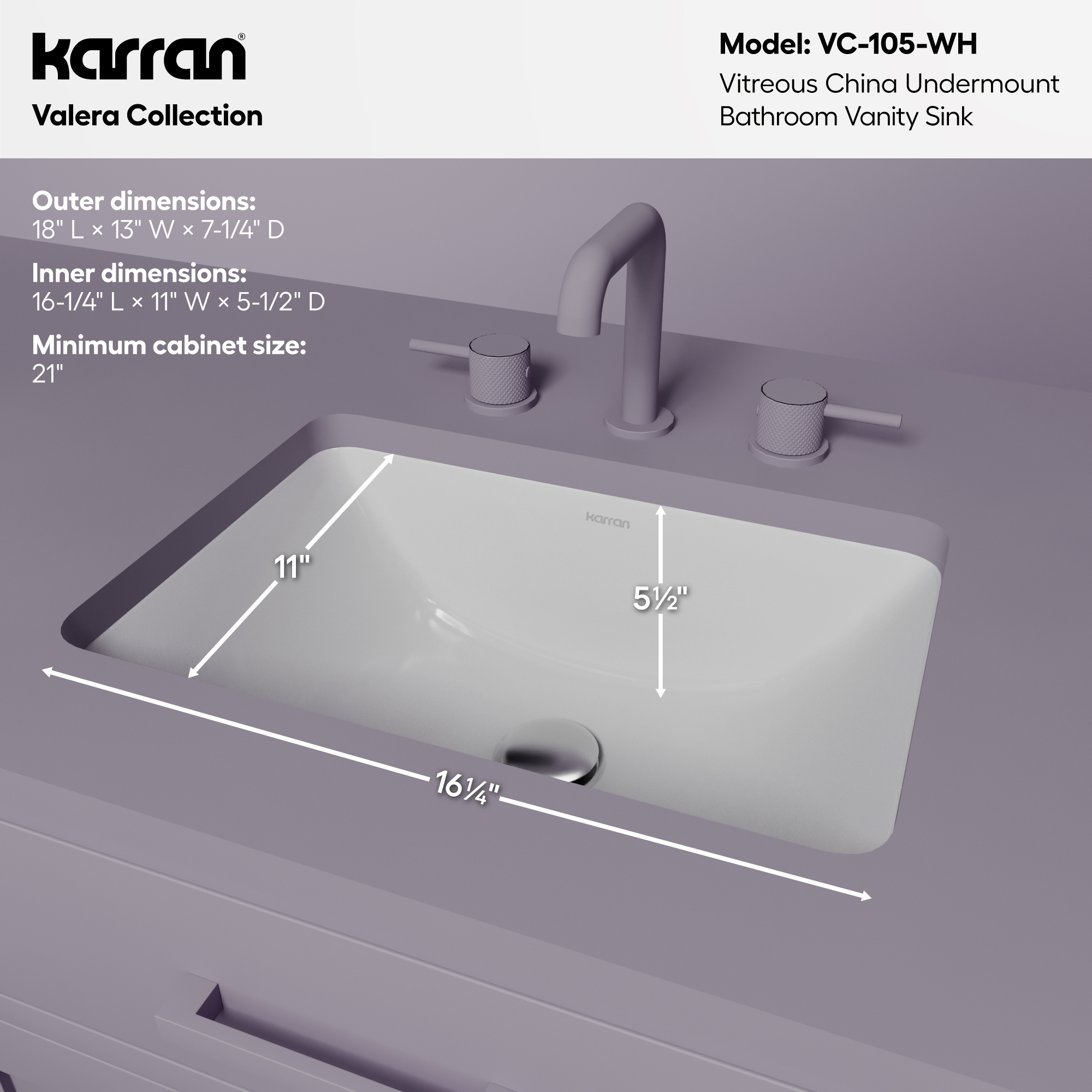 Valera 18" Rectangular Undermount Vitreous China Bathroom Sink In White