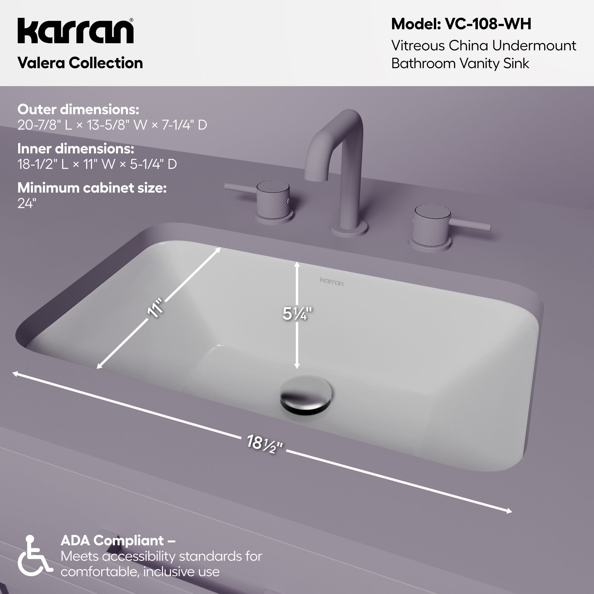 Valera 21" Rectangular Undermount Vitreous China Bathroom Sink In White