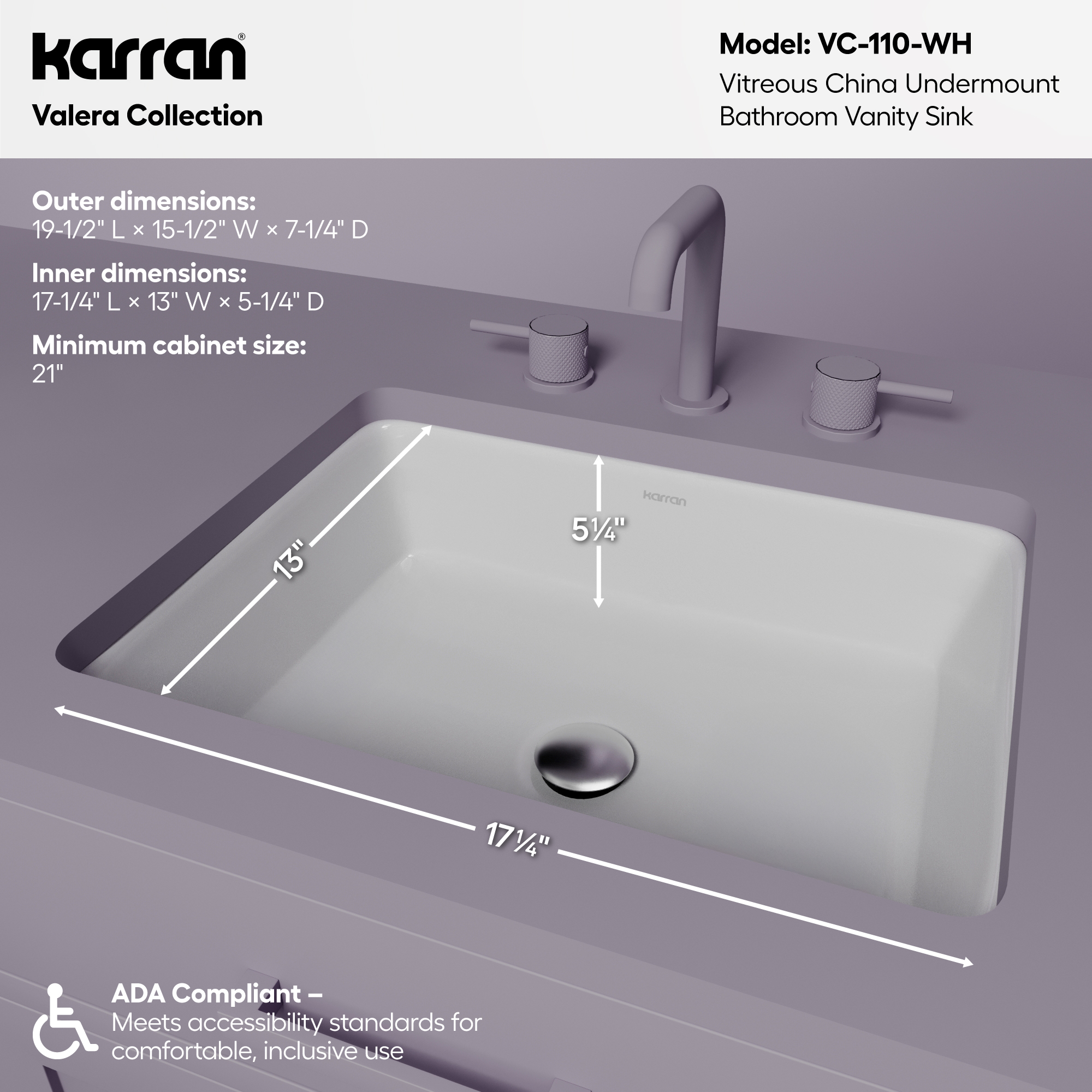 Valera 20" Rectangular Undermount Vitreous China Bathroom Sink In White