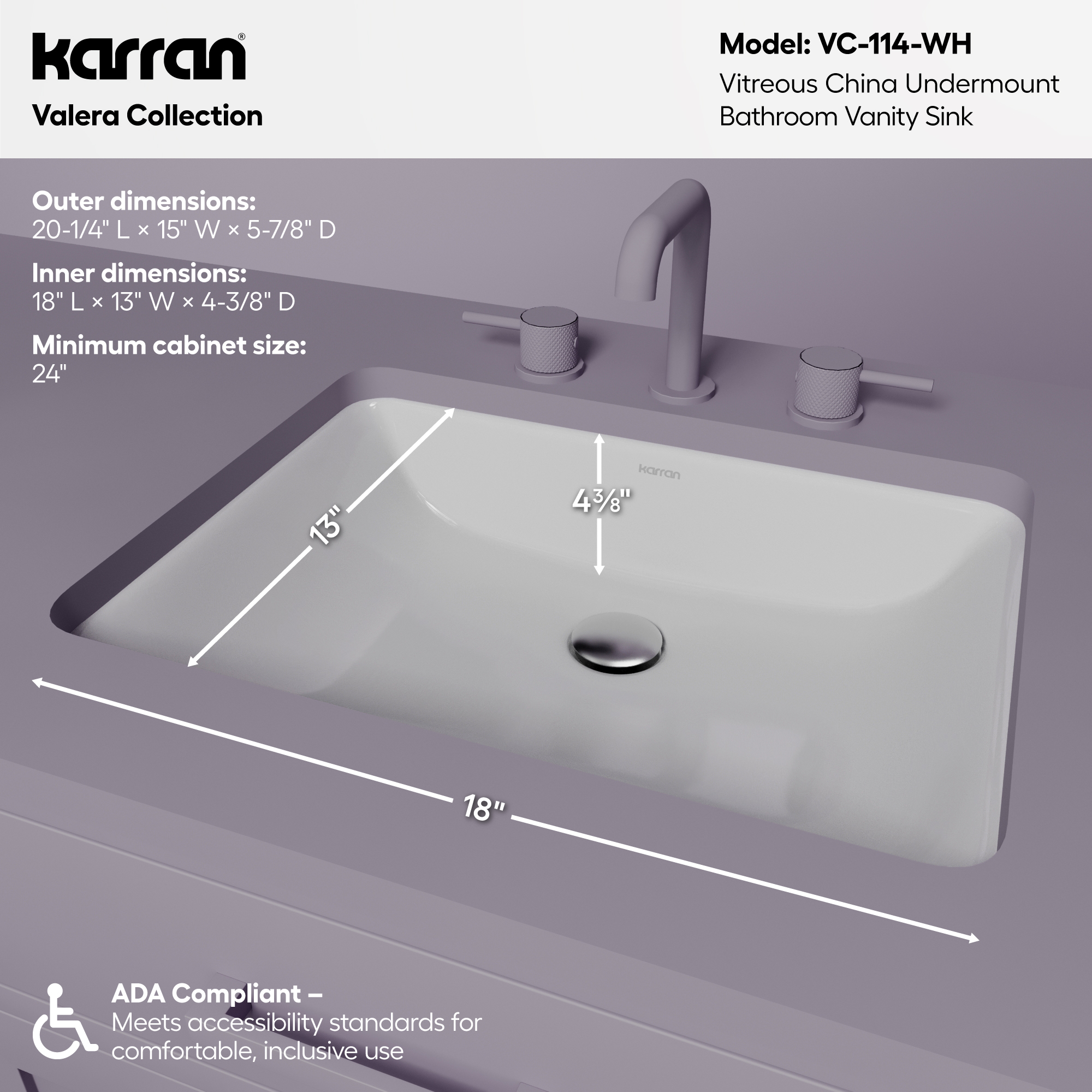 Valera 20" Rectangular Undermount Vitreous China Bathroom Sink In White
