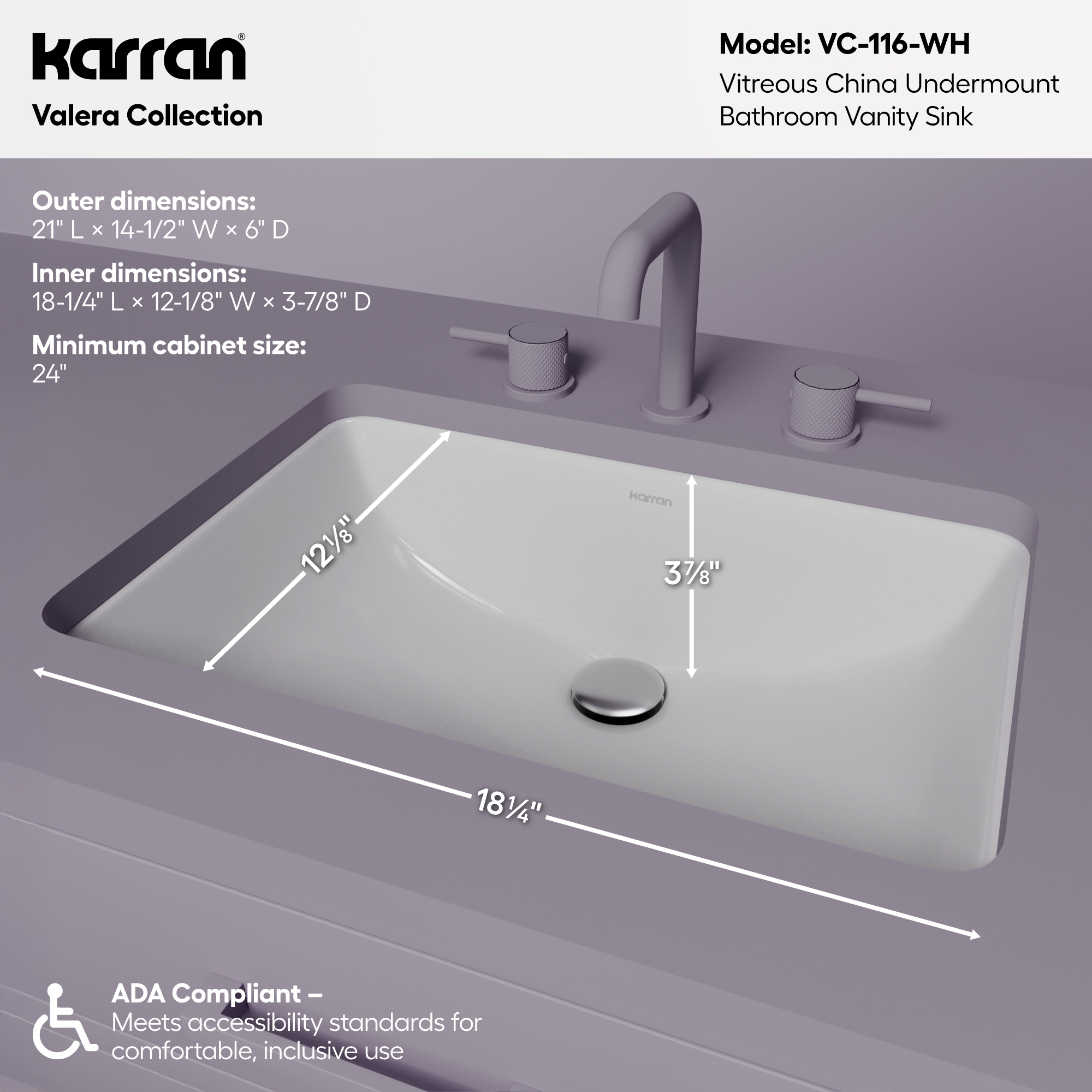 Valera 21" Rectangular Undermount Vitreous China Bathroom Sink In White