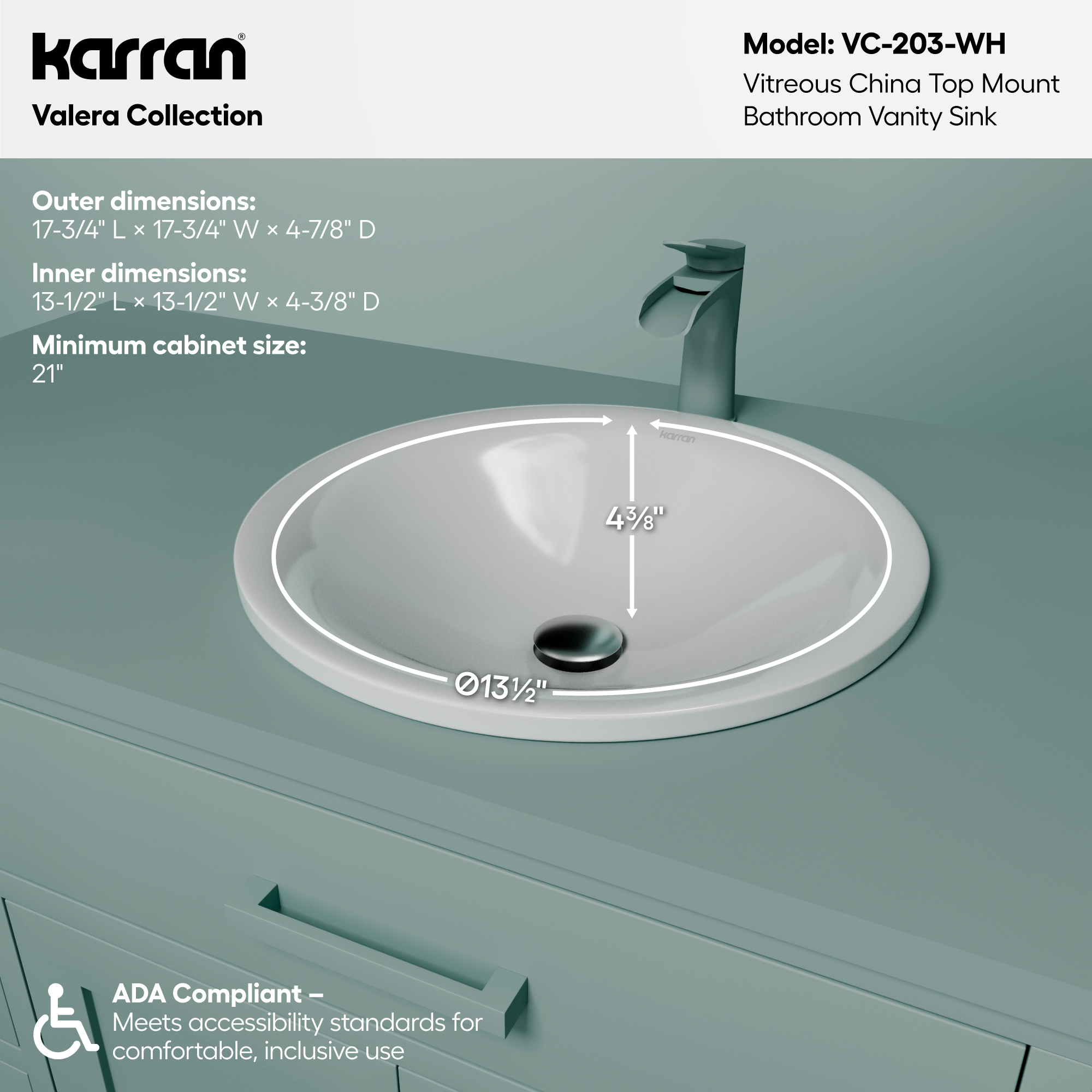 17-3/4" Top Mount Vitreous China Bathroom Sink In White
