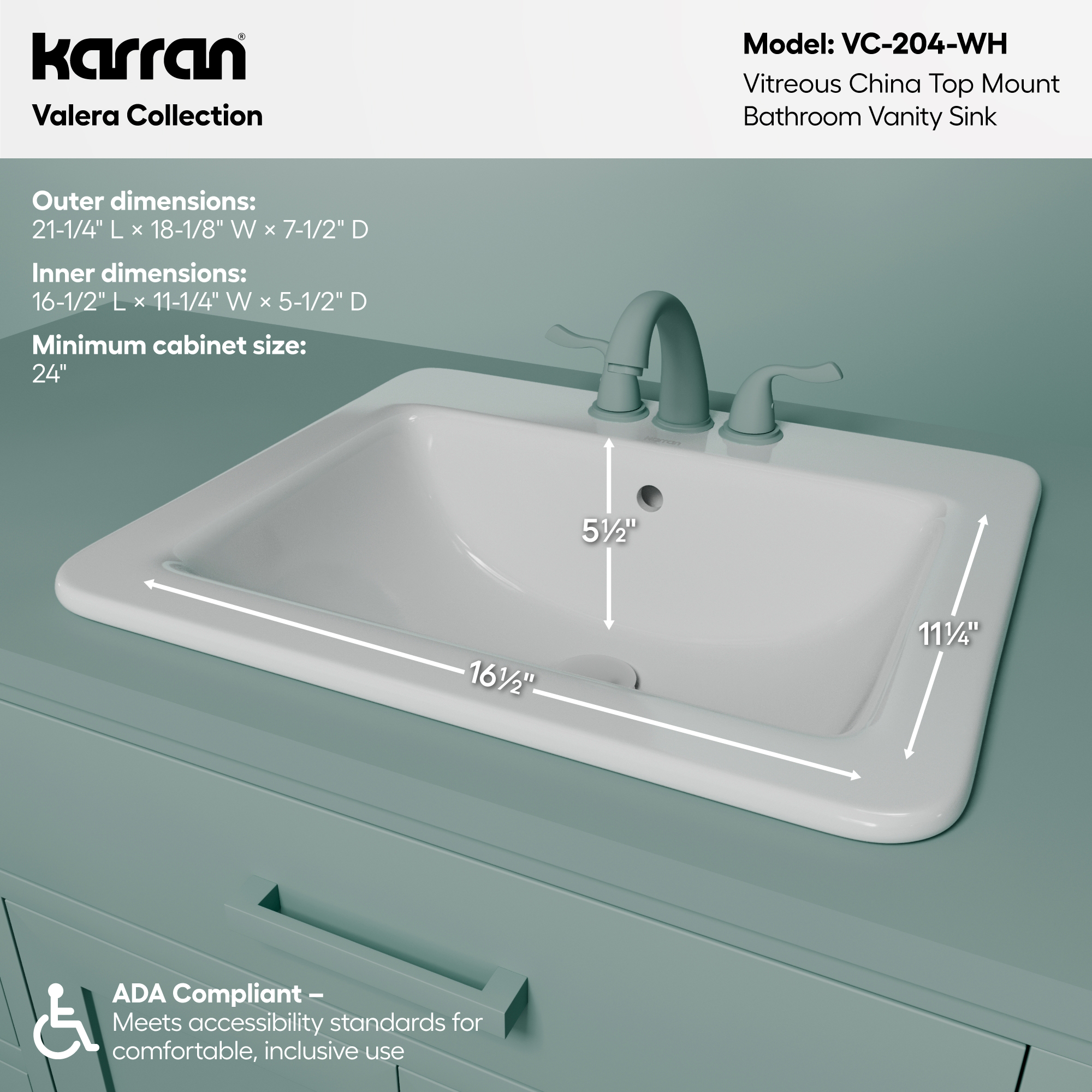 Valera 21" Rectangular Top Mount Vitreous China Bathroom Sink In White