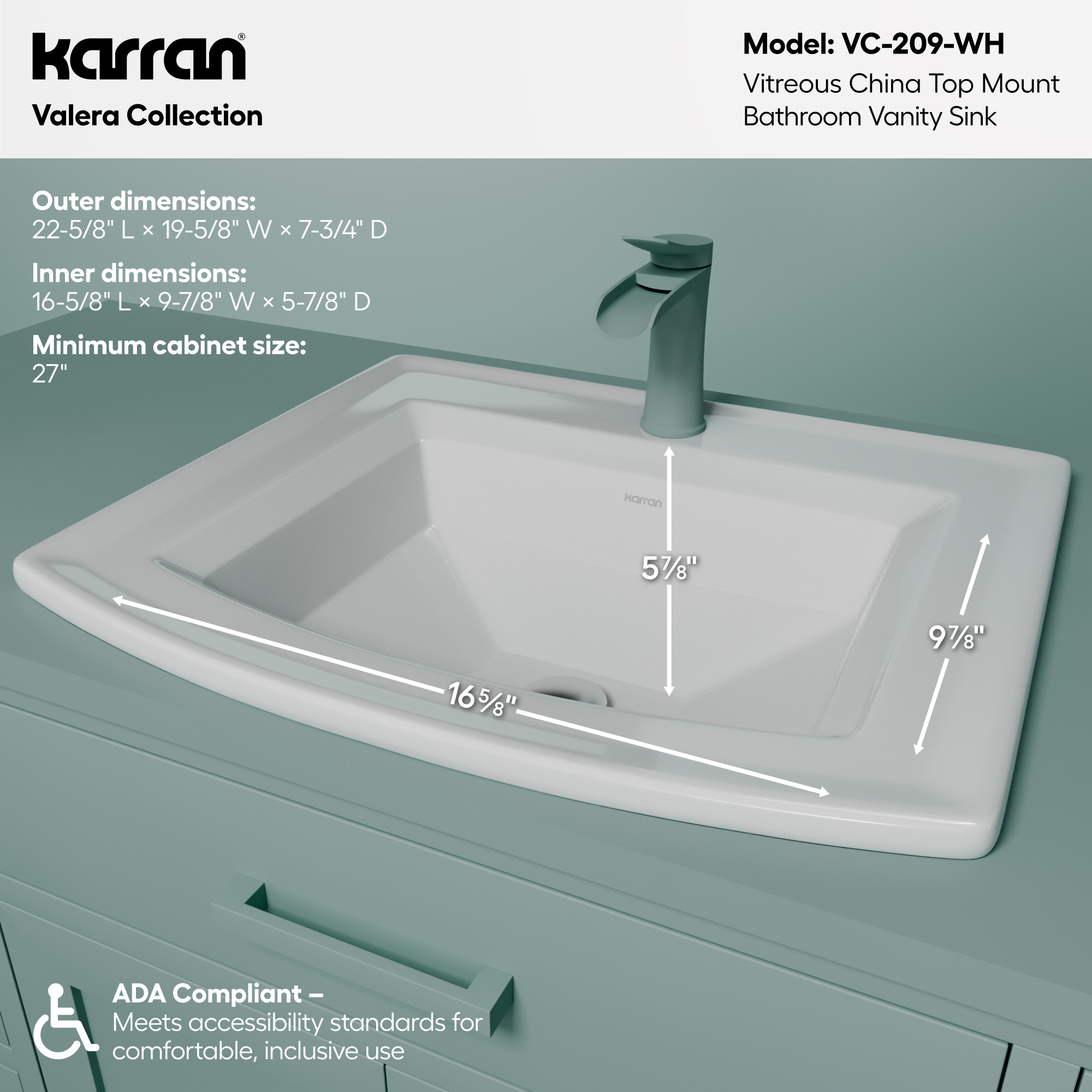Valera 23" Curved Rectangular Top Mount Vitreous China Bathroom Sink In White