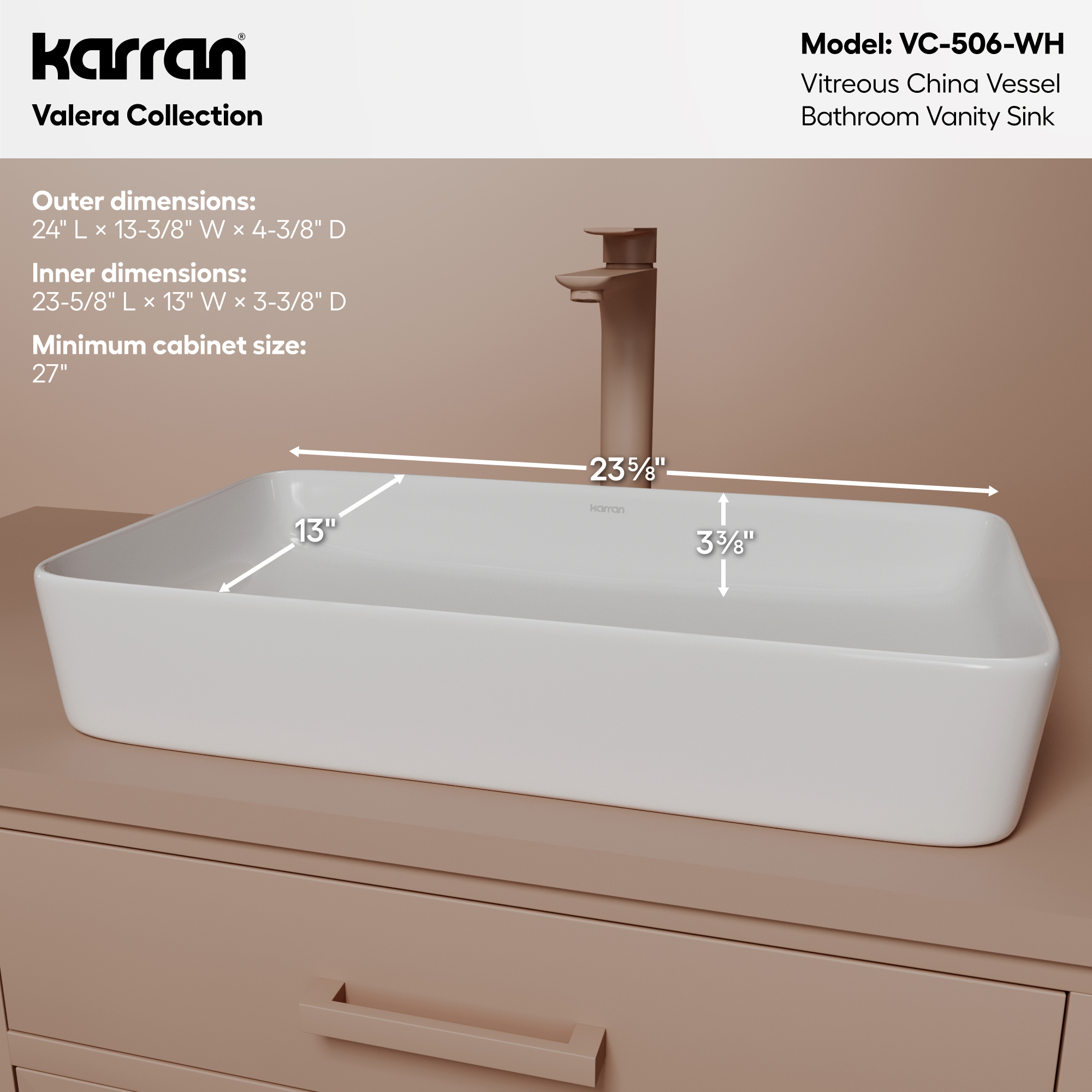 24" Vessel Vitreous China Bathroom Sink In White