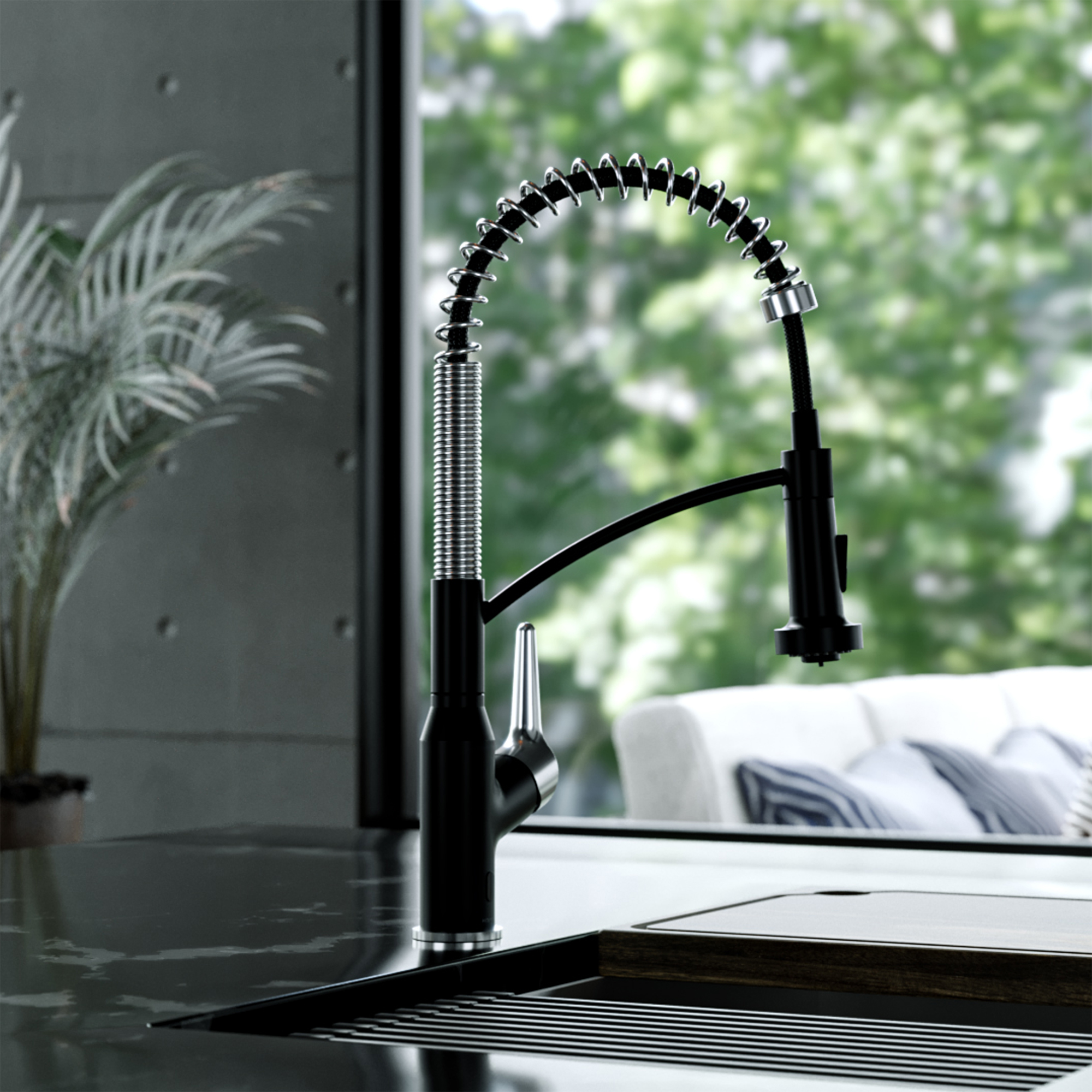 Scottsdale Single Handle Pull-Down Sprayer Kitchen Faucet In Matte Black & Spot-Free Stainless Steel