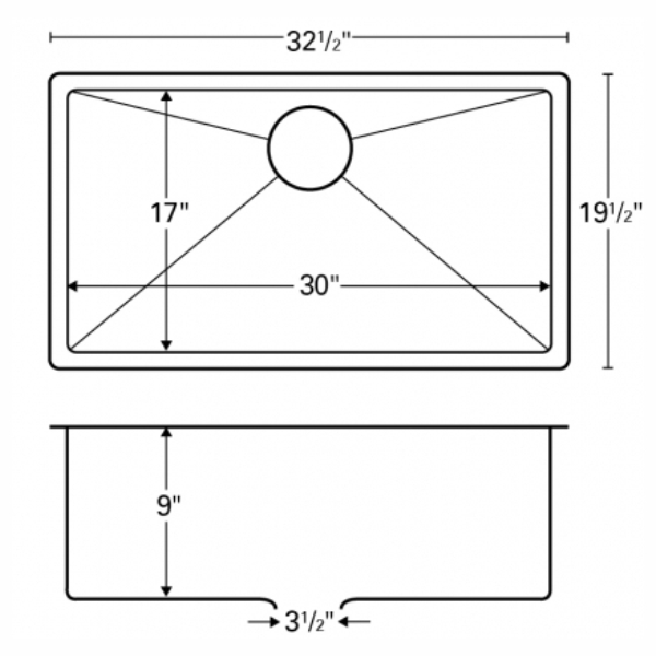 32-1/2" Seamless Undermount Large Single Bowl Stainless Steel Kitchen Sink