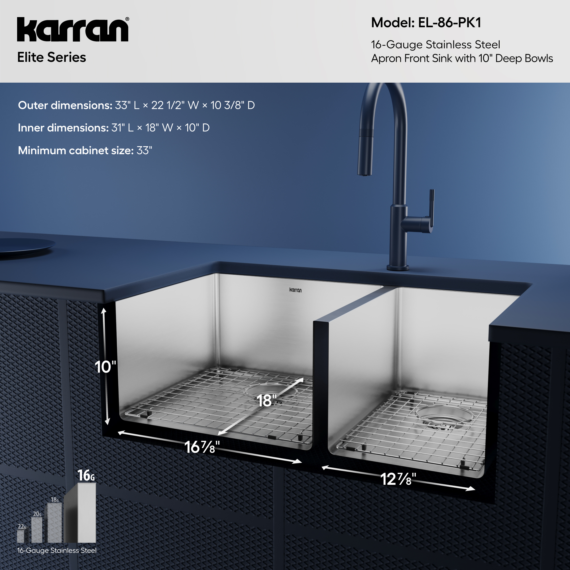 Elite 33" Apron Front 16 Gauge Double Offset Bowl Stainless Steel Kitchen Sink with Accessories