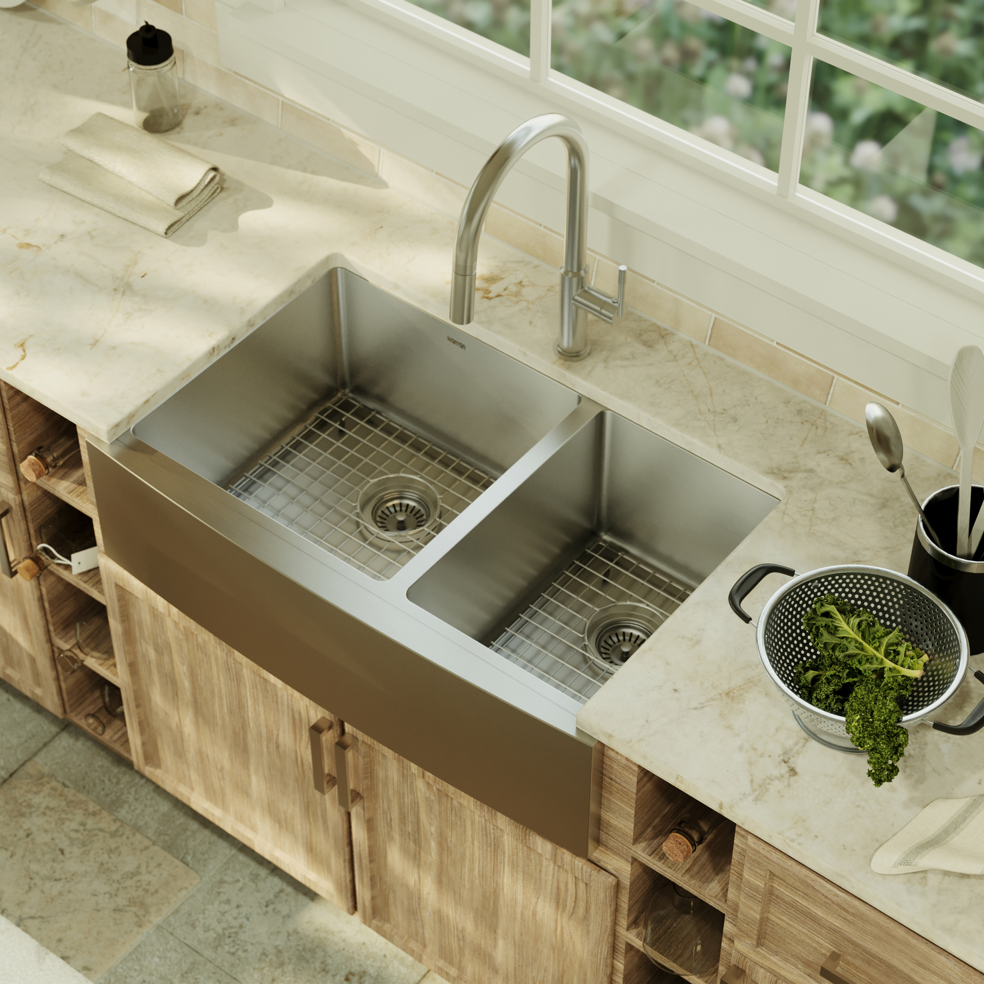 Elite 33" Apron Front 16 Gauge Double Offset Bowl Stainless Steel Kitchen Sink with Accessories