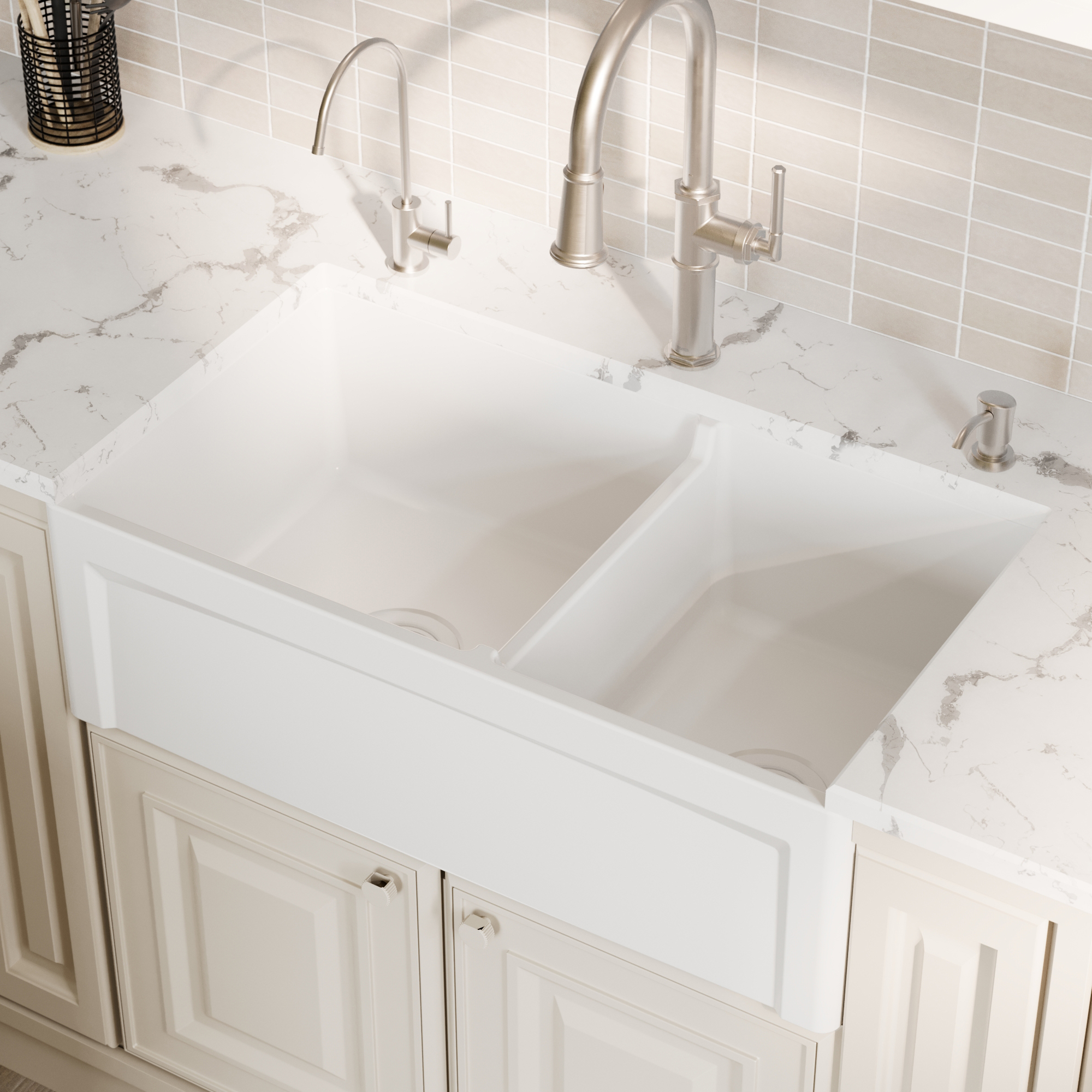 Fireclay 33" Reversible Apron Front Double Bowl Kitchen Sink In White