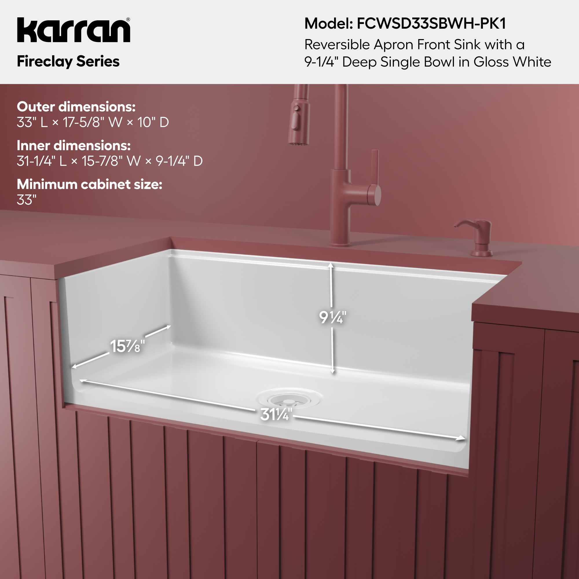 Fireclay 33" Reversible Apron Front Single Bowl Workstation Kitchen Sink In White