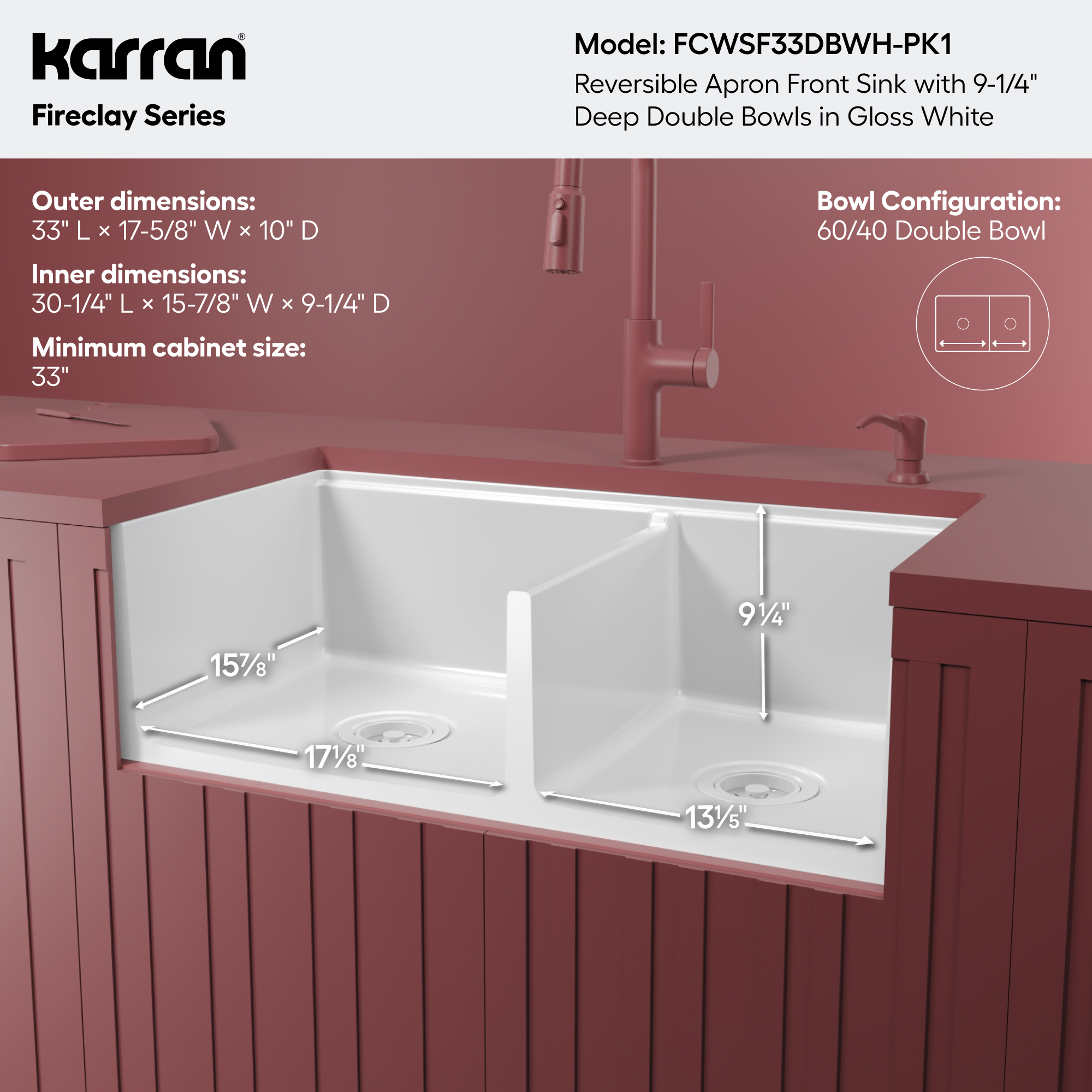Fireclay 33" Reversible Apron Front Double Bowl Workstation Kitchen Sink In White
