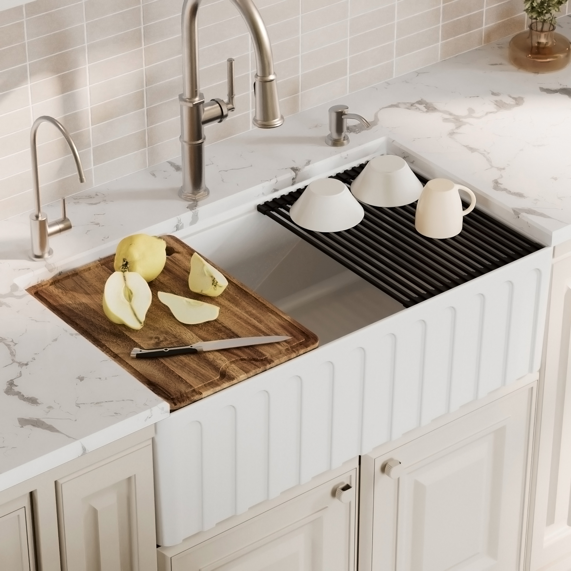 Fireclay 33" Reversible Apron Front Single Bowl Workstation Kitchen Sink In White
