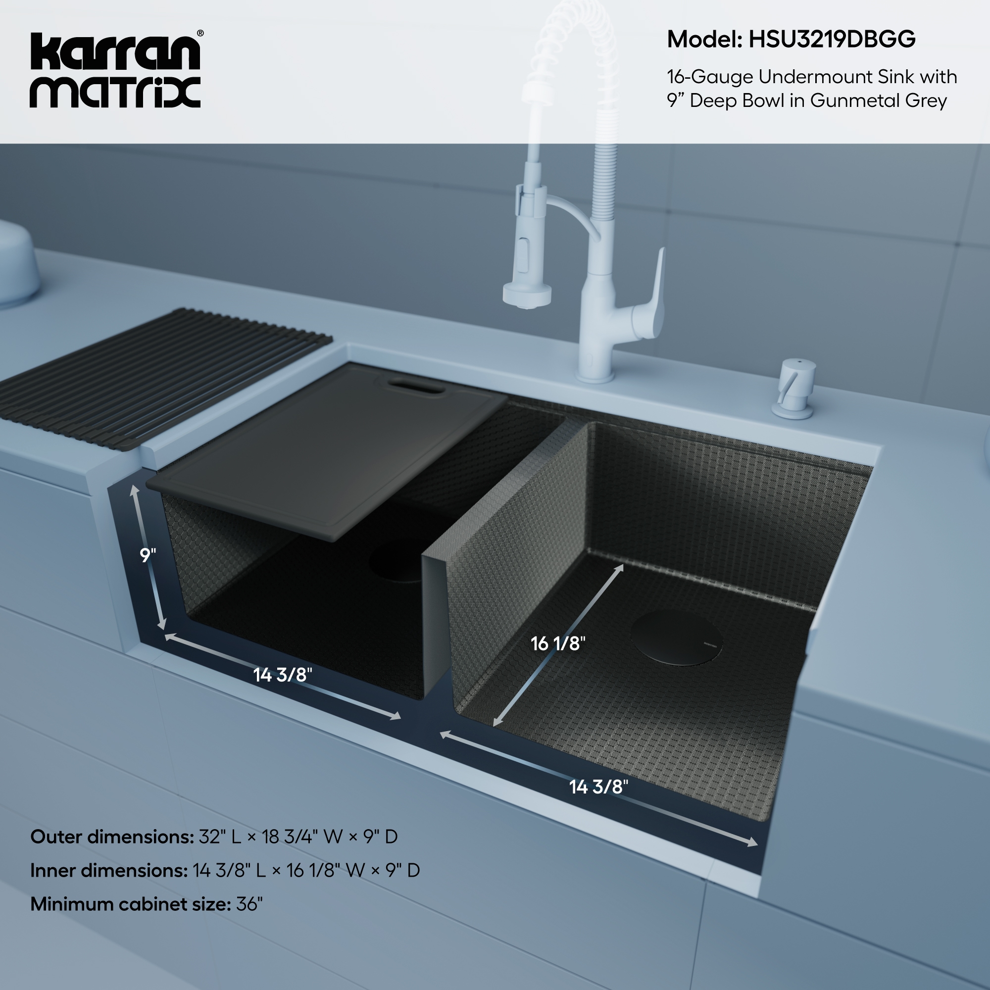 Matrix 32" Undermount Workstation 16 Gauge Double Bowl Stainless Steel Kitchen Sink In Gunmetal Grey with Accessories