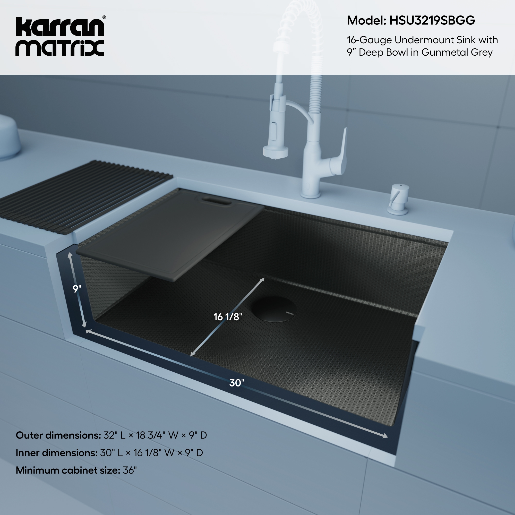 Matrix 32" Undermount Workstation 16 Gauge Single Bowl Stainless Steel Kitchen Sink In Gunmetal Grey with Accessories