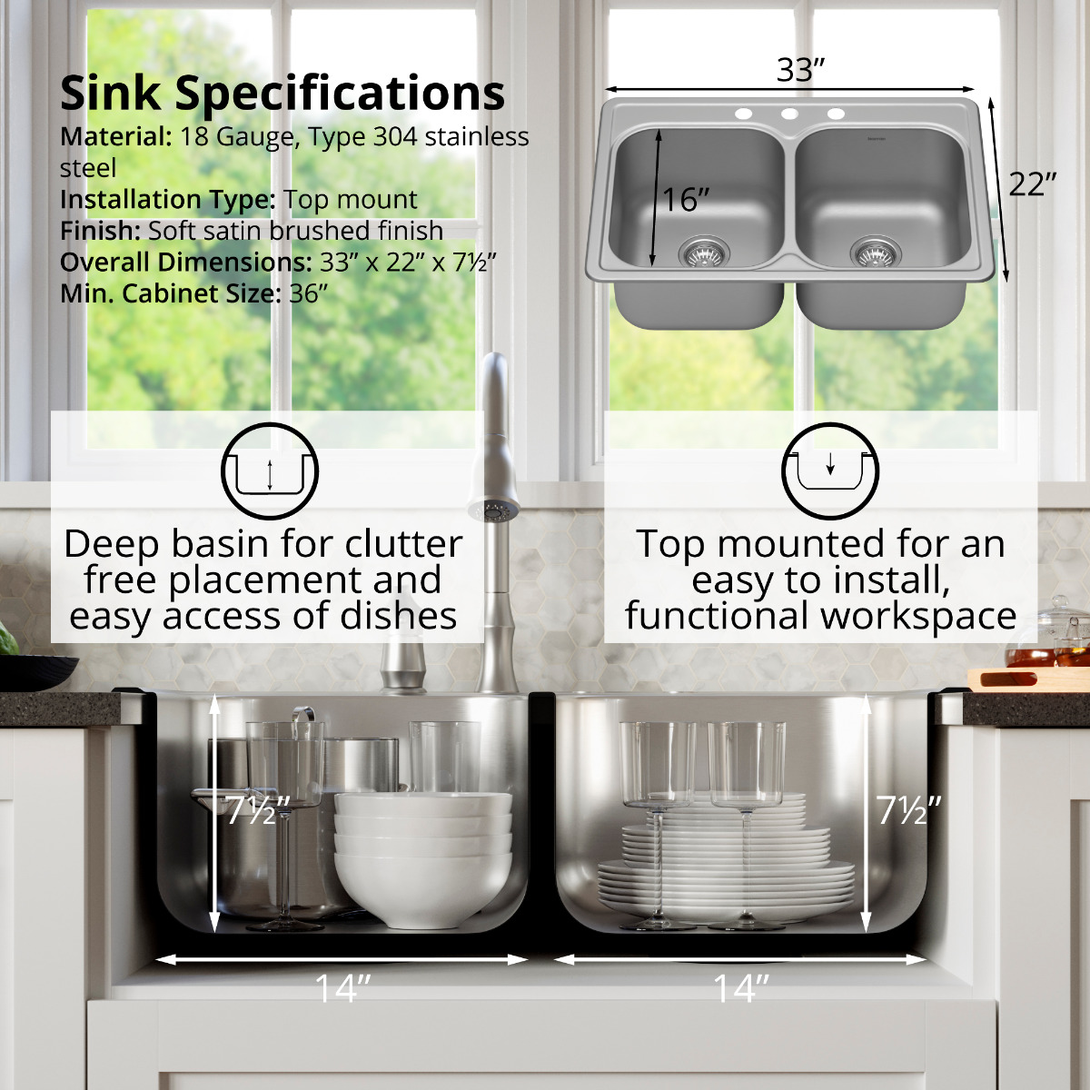 Profile 33" Top Mount 18 Gauge Double Bowl Stainless Steel Kitchen Sink with Accessories