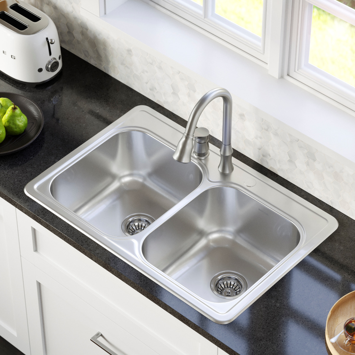 Profile 33" Top Mount 18 Gauge Double Bowl Stainless Steel Kitchen Sink with Accessories