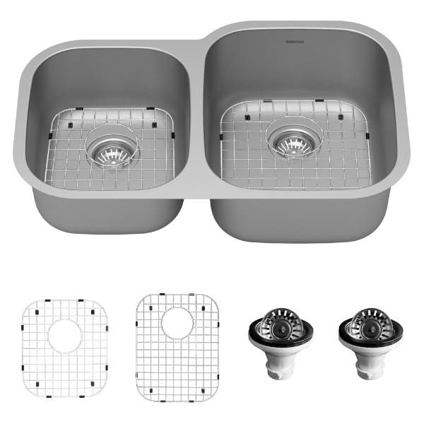 Profile 32" Undermount 16 Gauge Double Offset Bowl Stainless Steel Kitchen Sink with Accessories