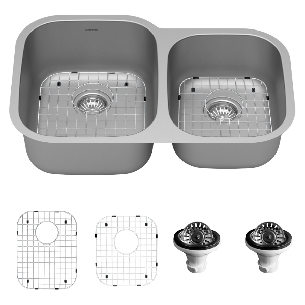Profile 32" Undermount 16 Gauge Double Offset Bowl Stainless Steel Kitchen Sink with Accessories