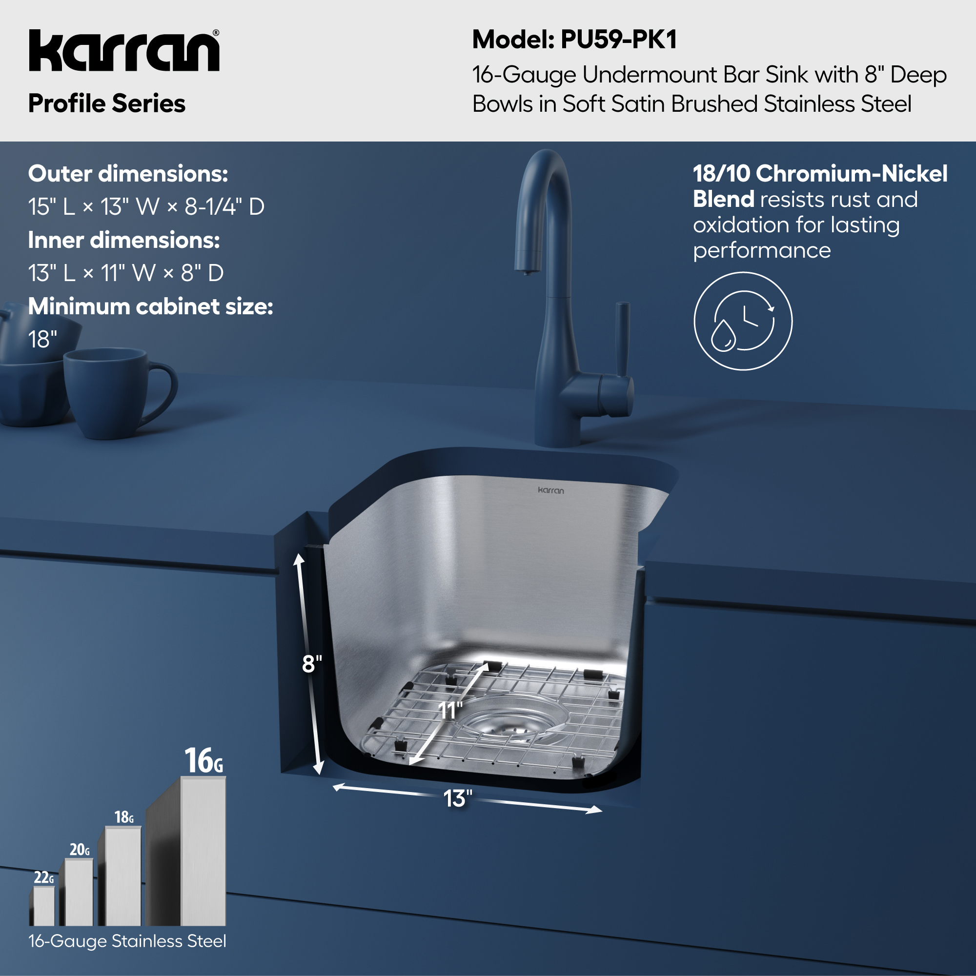 Profile 15" Undermount 16 Gauge Stainless Steel Single Bowl Bar Sink with Accessories