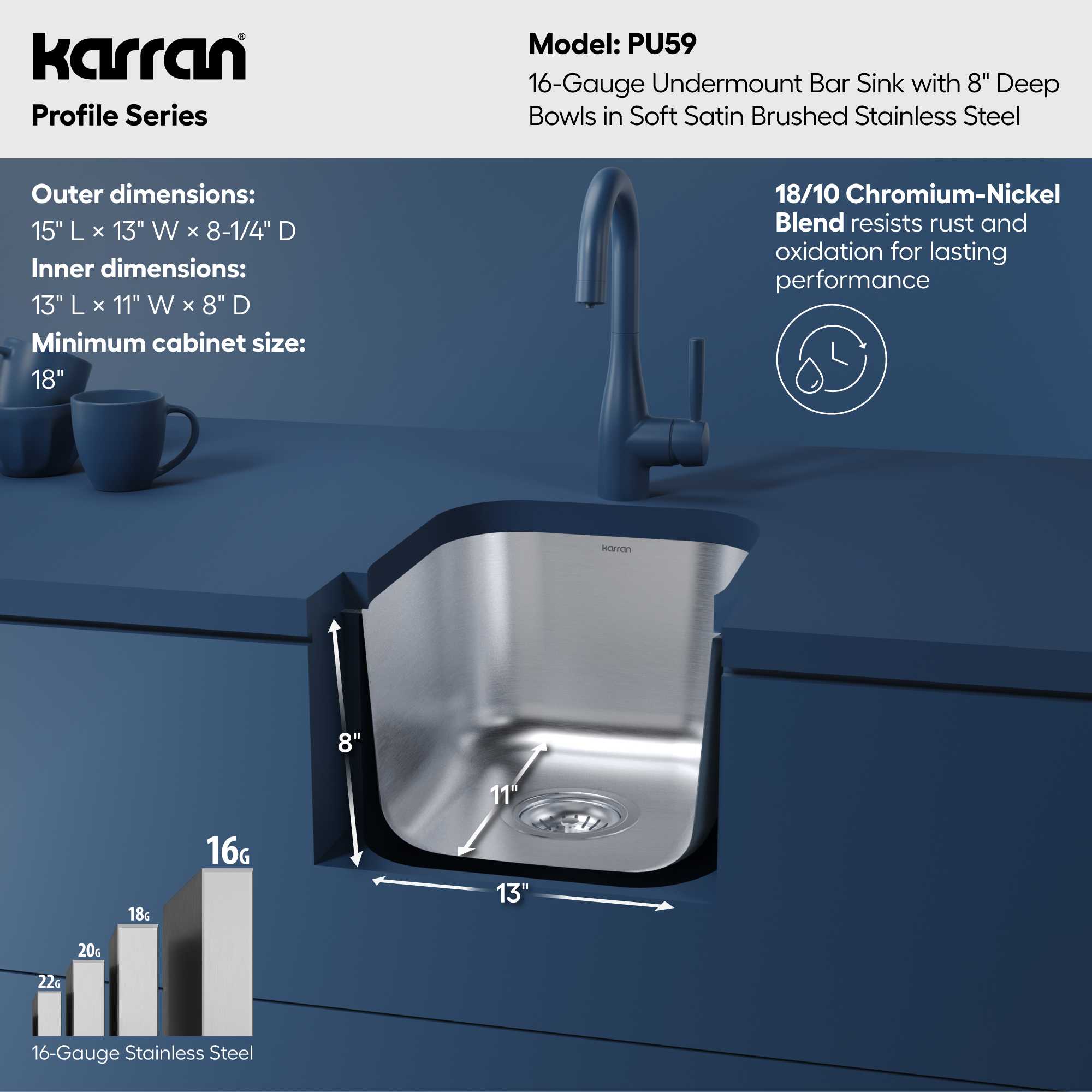Profile 15" Undermount 16 Gauge Stainless Steel Single Bowl Bar Sink
