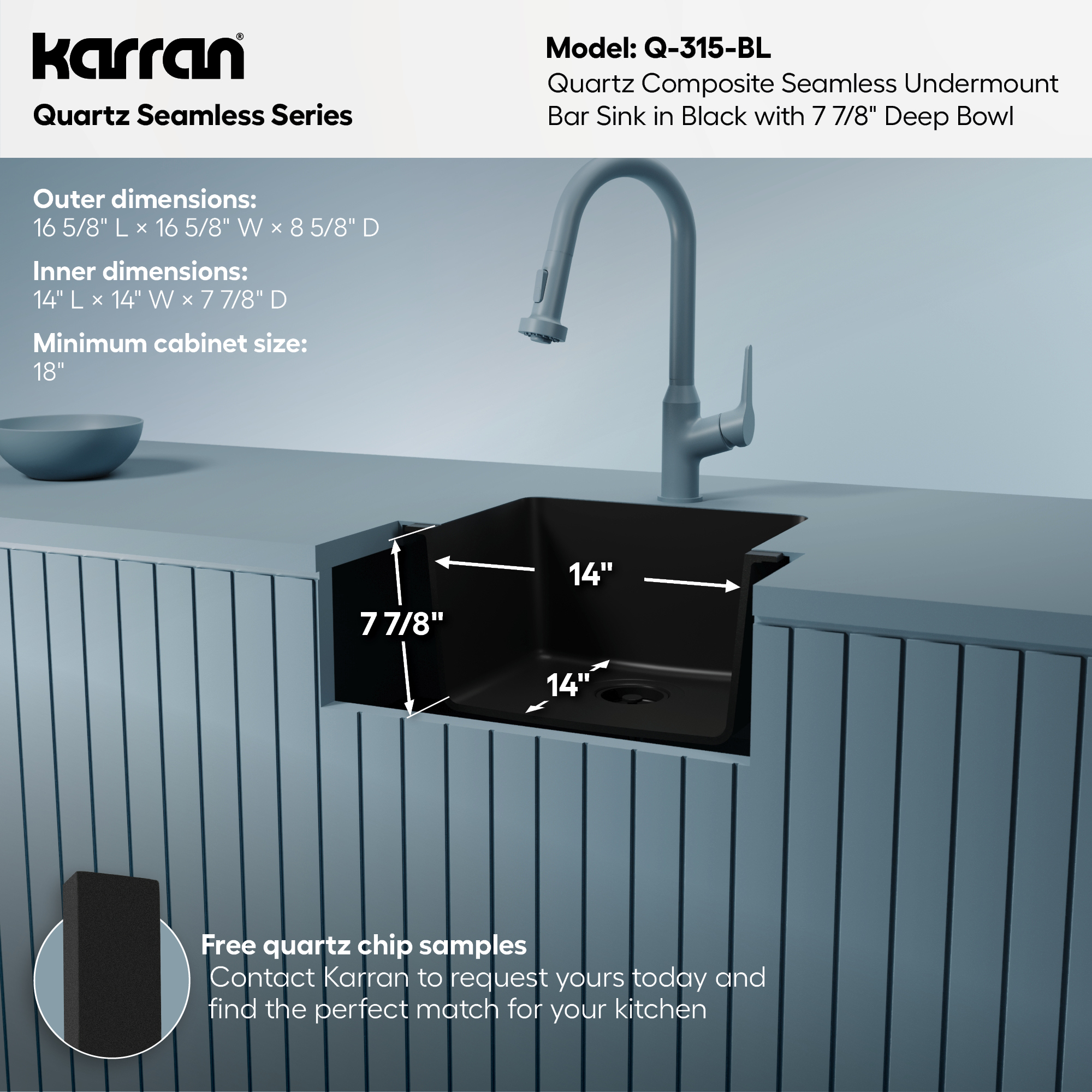 16-5/8" Seamless Undermount Quartz Composite Bar/Prep Sink In Black