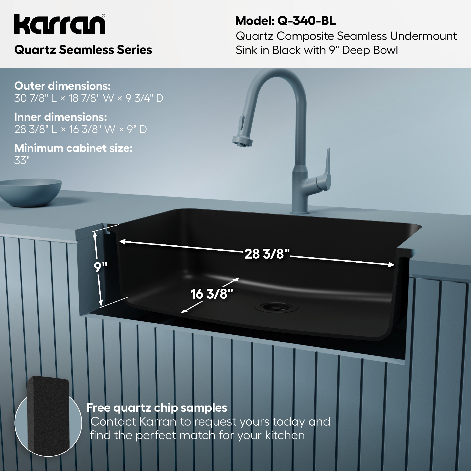 30-7/8" Seamless Undermount Large Single Bowl Quartz Composite Kitchen Sink In Black