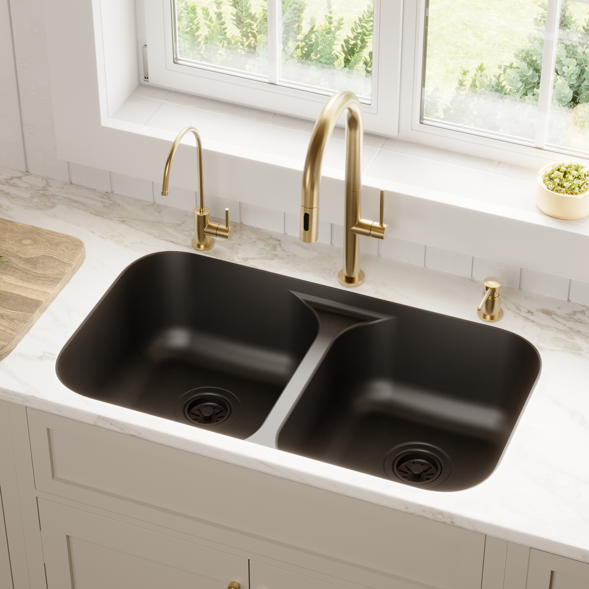 32-7/8" Seamless Undermount Doube Equal Bowl Quartz Composite Kitchen Sink In Black