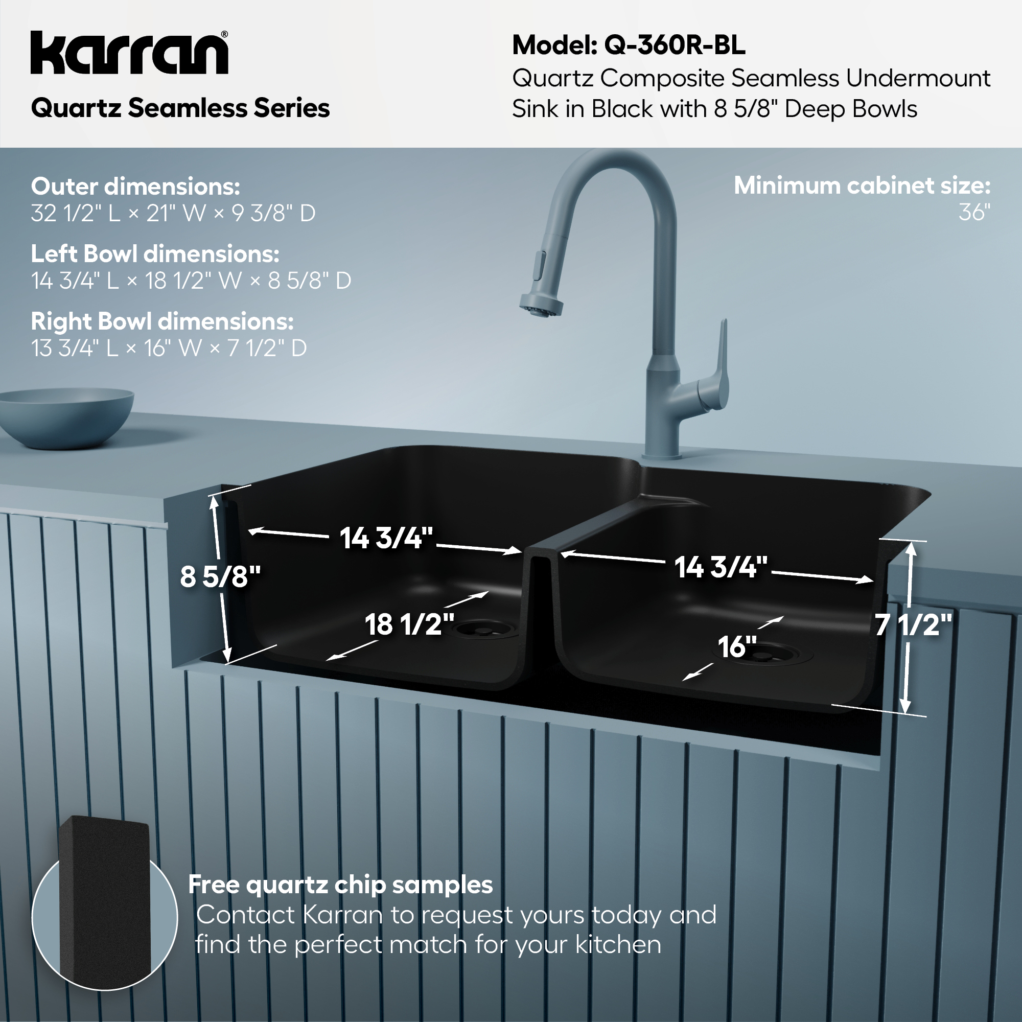 32-3/8" Seamless Undermount Double Offset Bowl Quartz Composite Kitchen Sink In Black