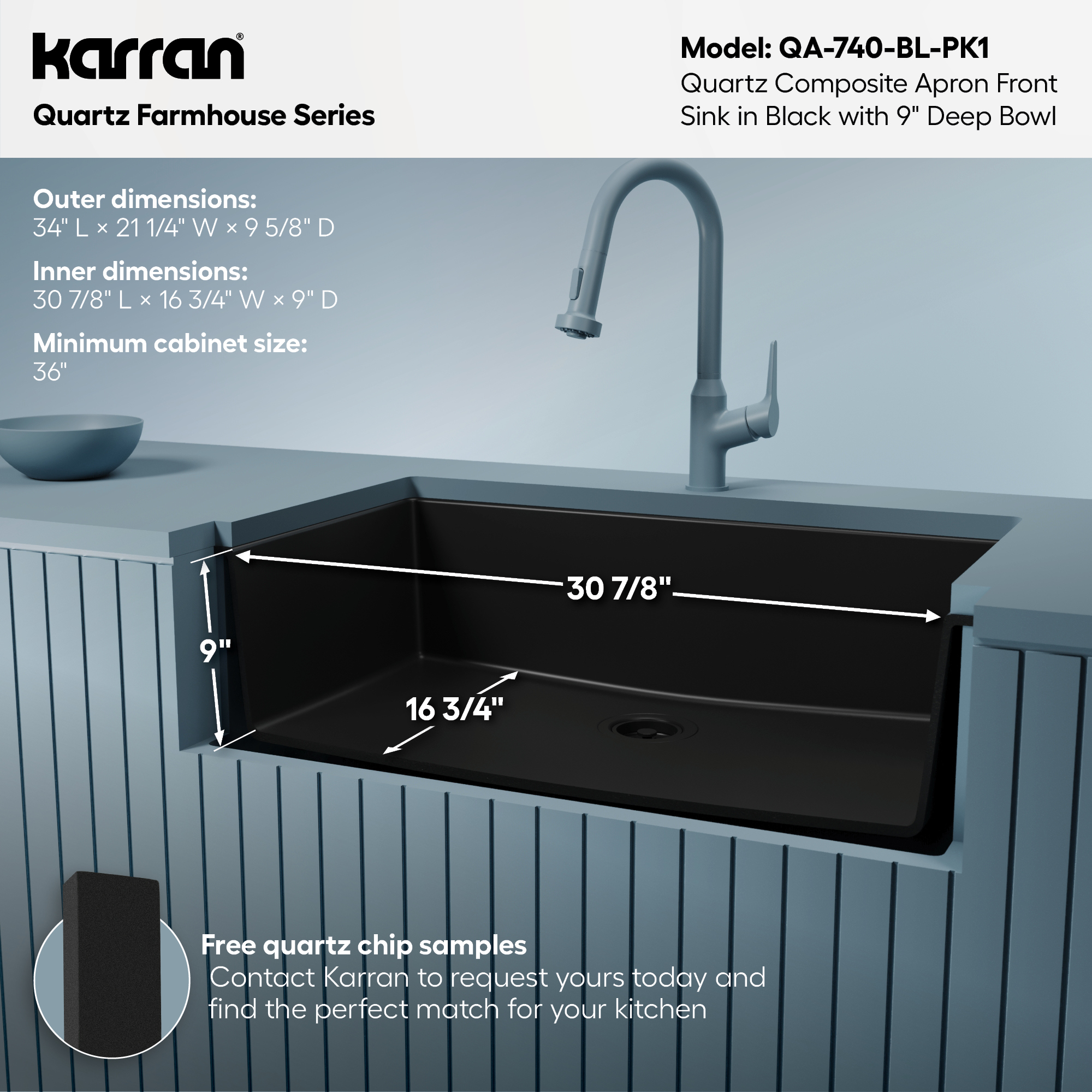 34" Farmhouse Large Single Bowl Quartz Composite Kitchen Sink Kit In Black