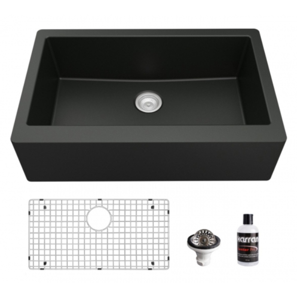 34" Farmhouse Large Single Bowl Quartz Composite Kitchen Sink Kit In Black