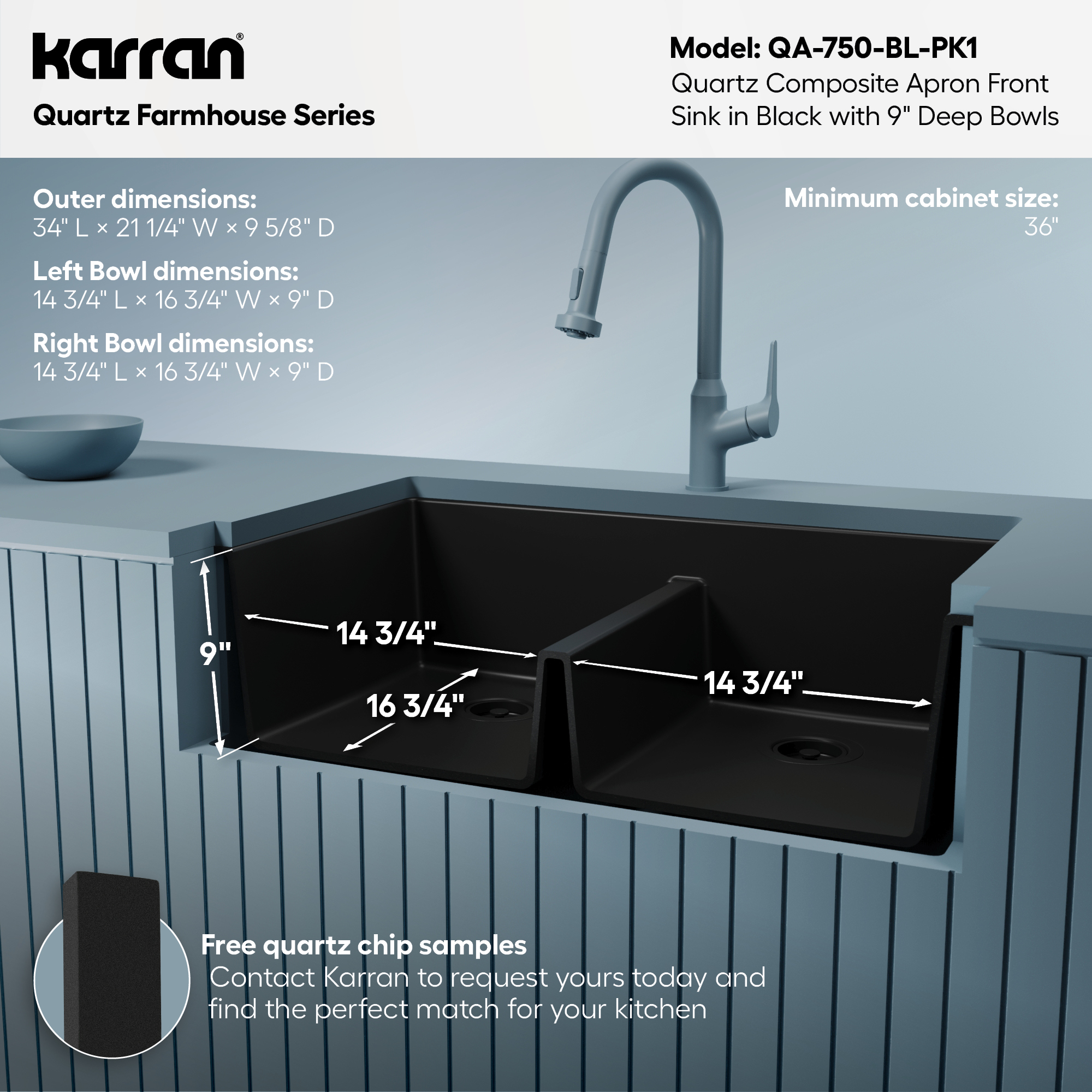 34" Farmhouse Double Equal Bowl Quartz Composite Kitchen Sink Kit In Black