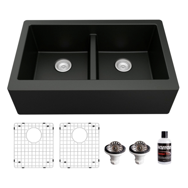 34" Farmhouse Double Equal Bowl Quartz Composite Kitchen Sink Kit In Black
