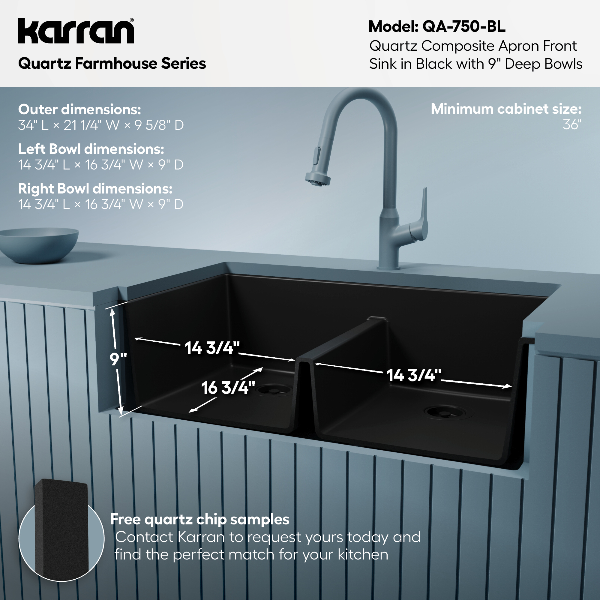 34" Farmhouse Double Equal Bowl Quartz Composite Kitchen Sink In Black