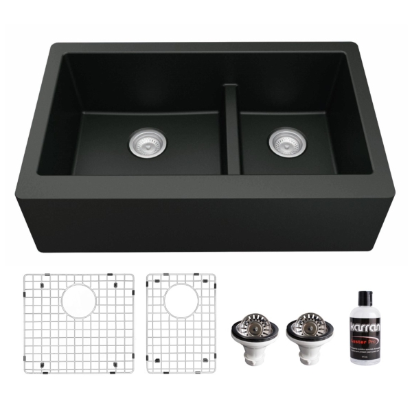 34" Farmhouse Double Offset Bowl Quartz Composite Kitchen Sink Kit In Black