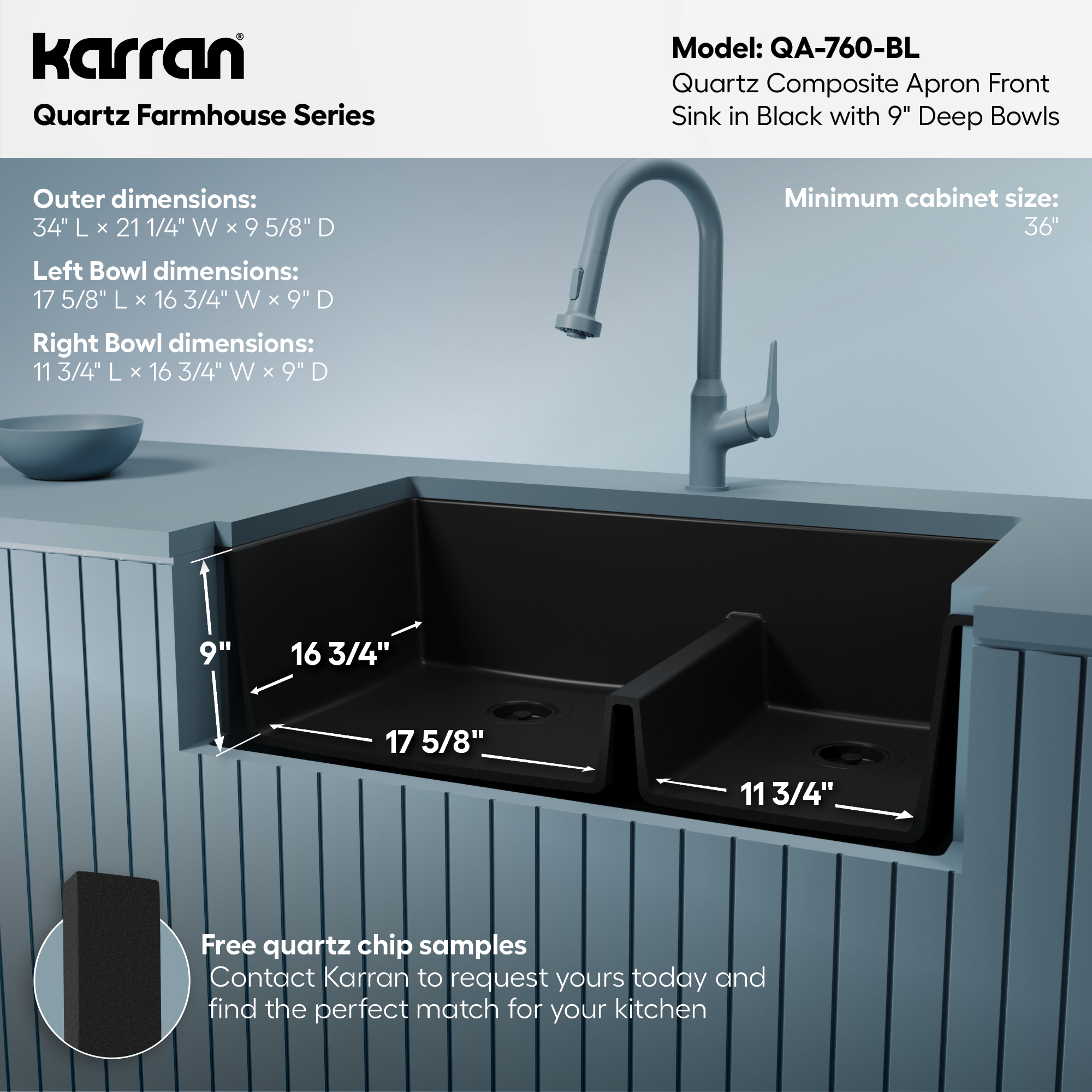 34" Farmhouse Double Offset Bowl Quartz Composite Kitchen Sink In Black