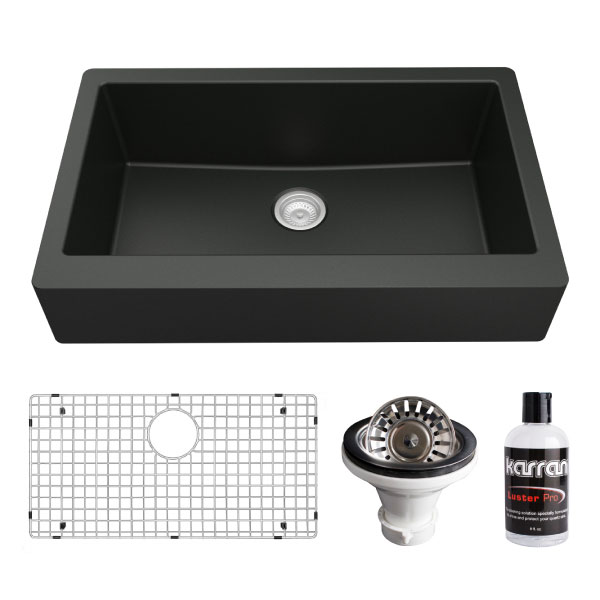 34" Retrofit Farmhouse Large Single Bowl Quartz Composite Kitchen Sink Kit In Black
