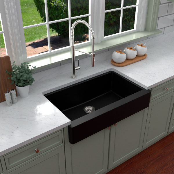 34" Retrofit Farmhouse Large Single Bowl Quartz Composite Kitchen Sink In Black