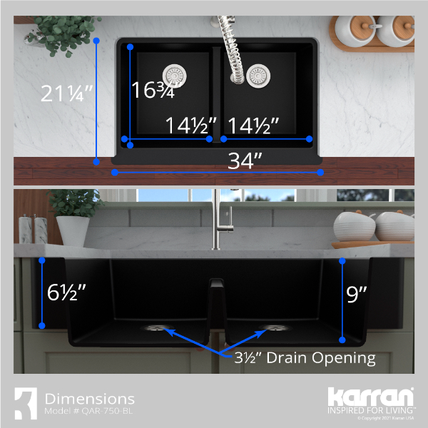 34" Retrofit Farmhouse Double Equal Bowl Quartz Composite Kitchen Sink Kit In Black