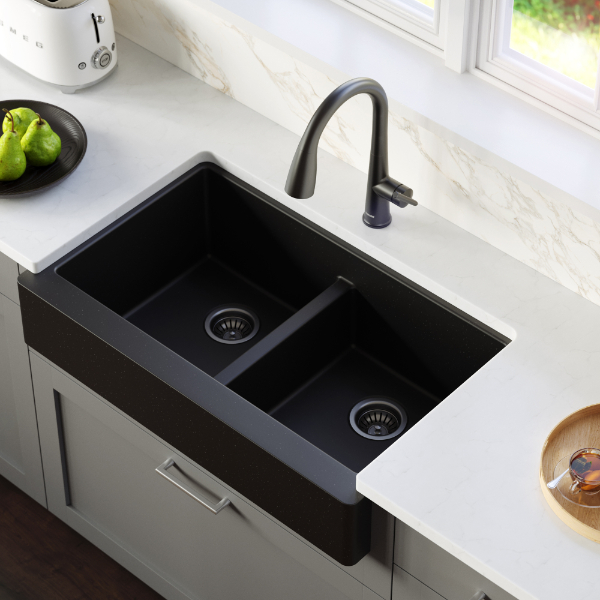 34" Retrofit Farmhouse Double Equal Bowl Quartz Composite Kitchen Sink Kit In Black