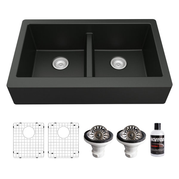 34" Retrofit Farmhouse Double Equal Bowl Quartz Composite Kitchen Sink Kit In Black