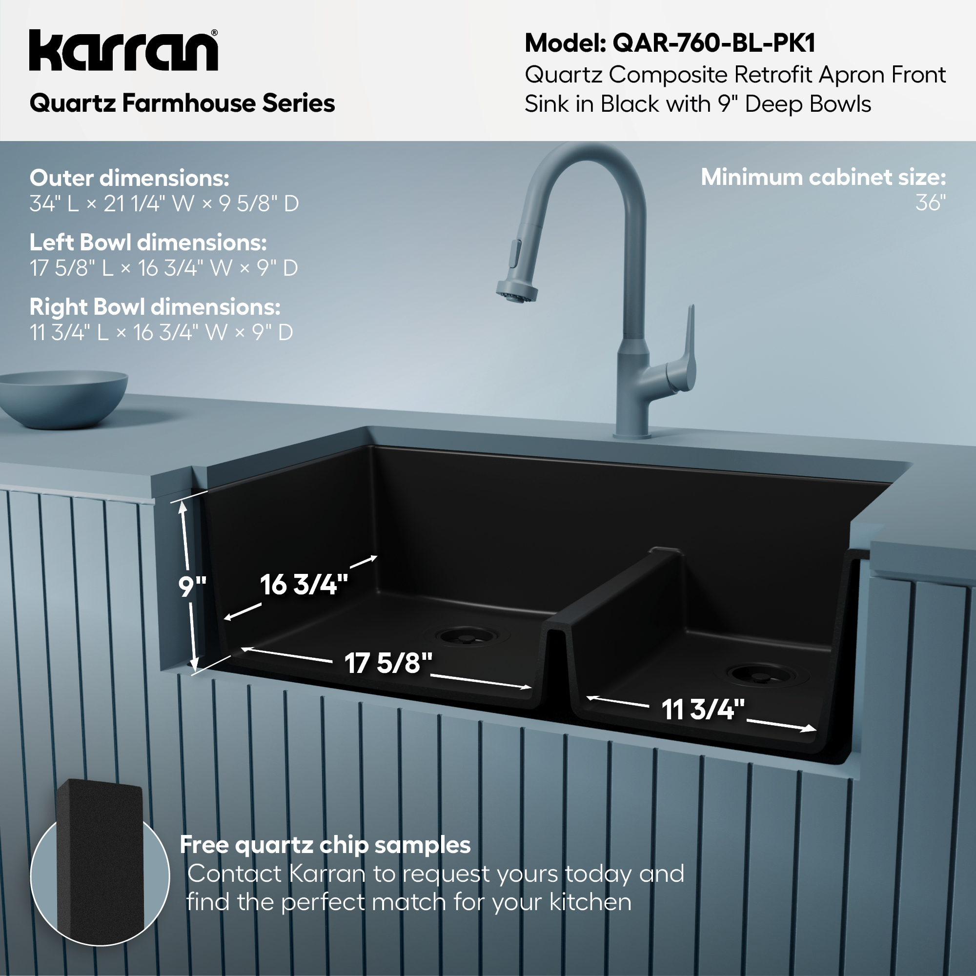 34" Retrofit Farmhouse Double Offset Bowl Quartz Composite Kitchen Sink Kit In Black