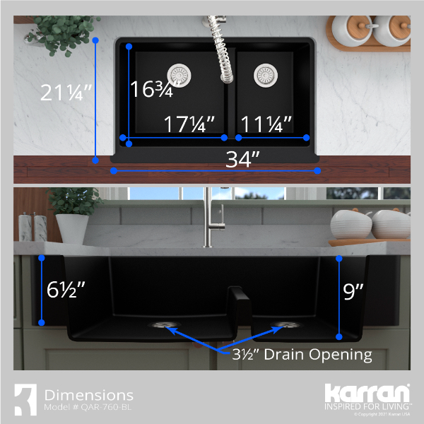 34" Retrofit Farmhouse Double Offset Bowl Quartz Composite Kitchen Sink In Black