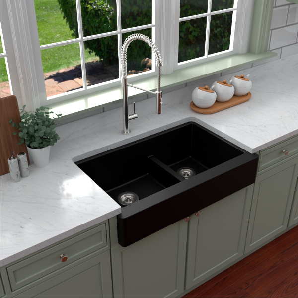34" Retrofit Farmhouse Double Offset Bowl Quartz Composite Kitchen Sink In Black