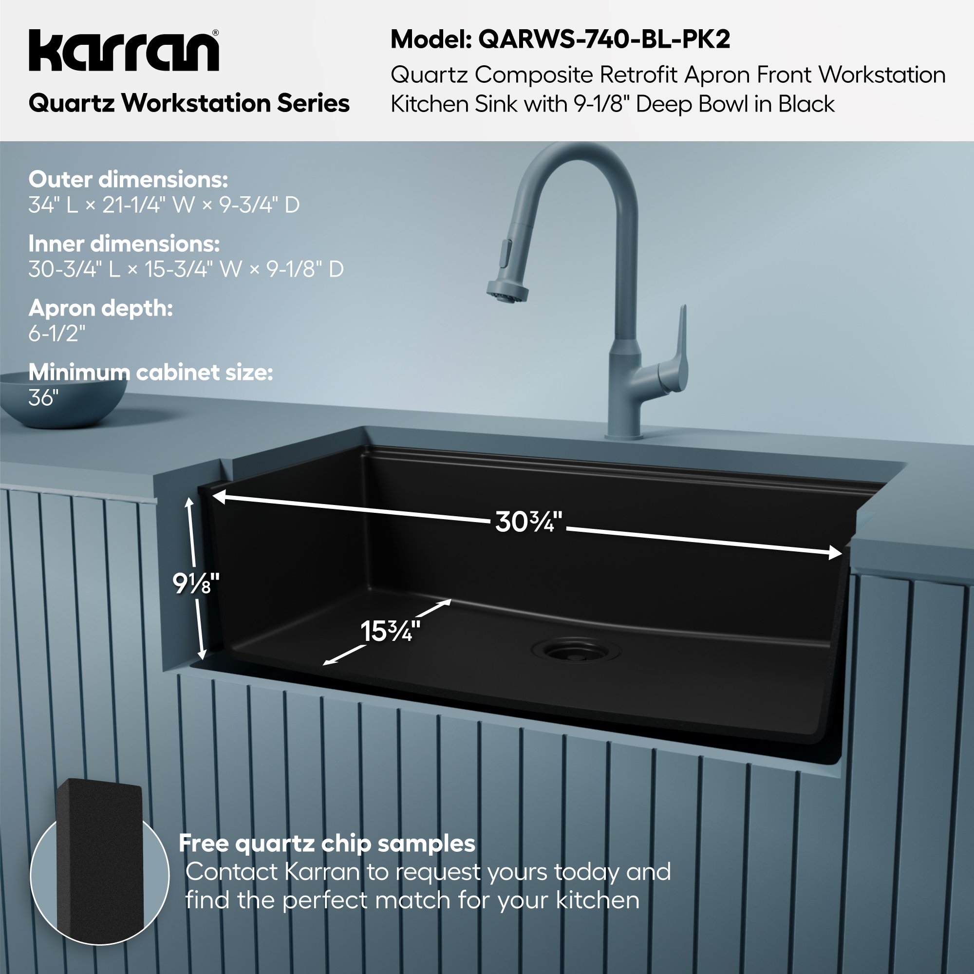 34" Apron Front Single Bowl Quartz Kitchen Sink Kit In Black